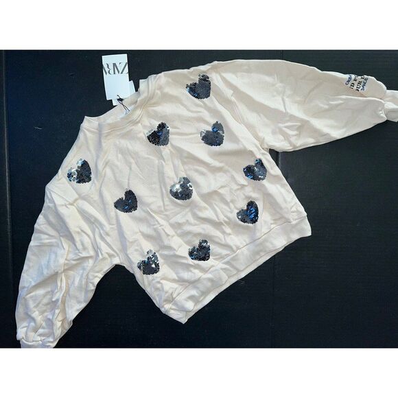 Zara KIDS SWEATER PULLOVER 9 long-sleeve top CREAM beige silver sequined hearts
